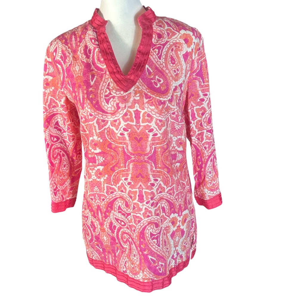Brooks Brothers Tunic Womens S Pink Paisley Linen 3/4 Sleeve Split Neck Top